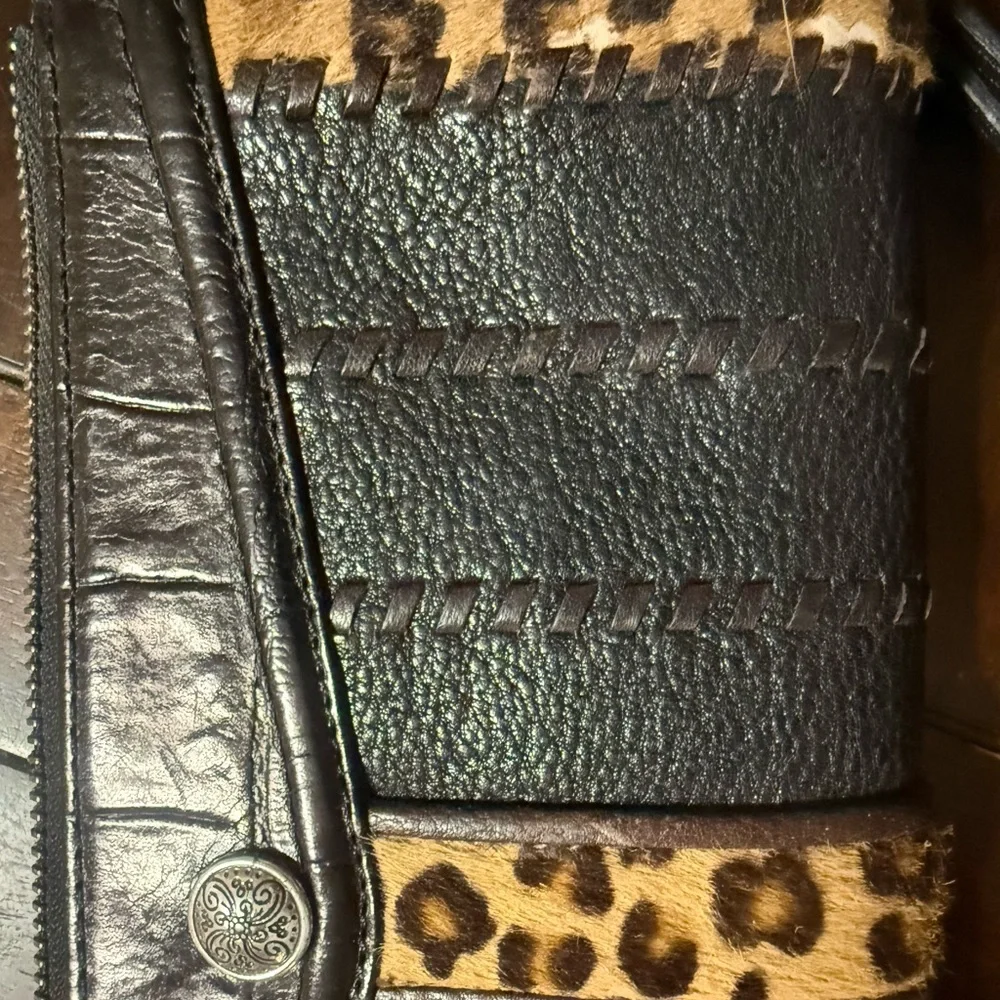 Brighton Black Leather & Leopard Haircalf Zip Card Holder